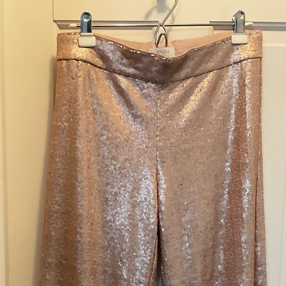 Avenue Montaigne SZ8 Designer Sequin Wide Leg Crop Pants - Rose Gold